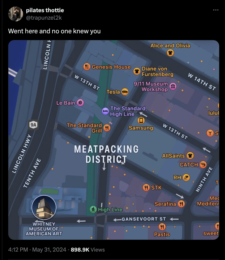 screenshot - pilates thottie Went here and no one knew you 9A Lincoln Hwy Tenth Ave Lincoln H Alice and Olivia Genesis House Diane von Furstenberg W 13TH St 911 Museum Workshop Tesla The Standard, High Line Le Bain The Standard Grill Samsung Meatpacking D